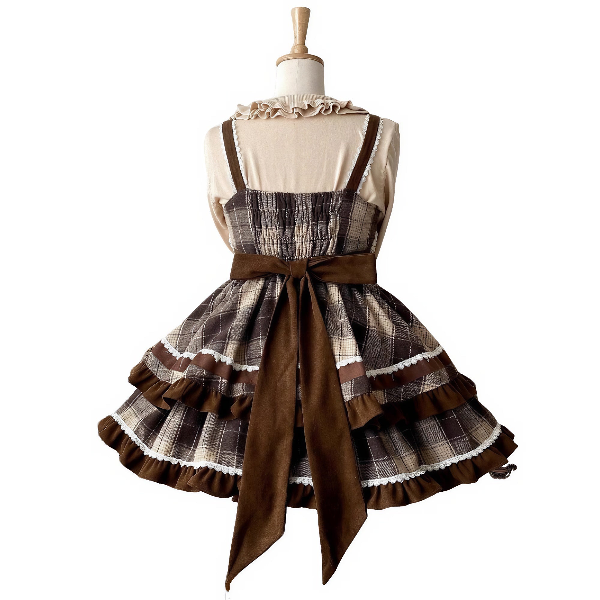 Back view of Lolita tiered dress with adjustable waist tie